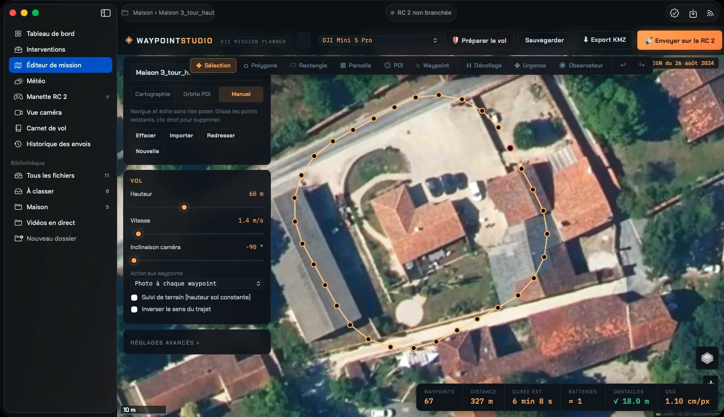Waypoint Studio, le logiciel de missions drone de Martin Faure, avec un plan de vol autour d'une maison